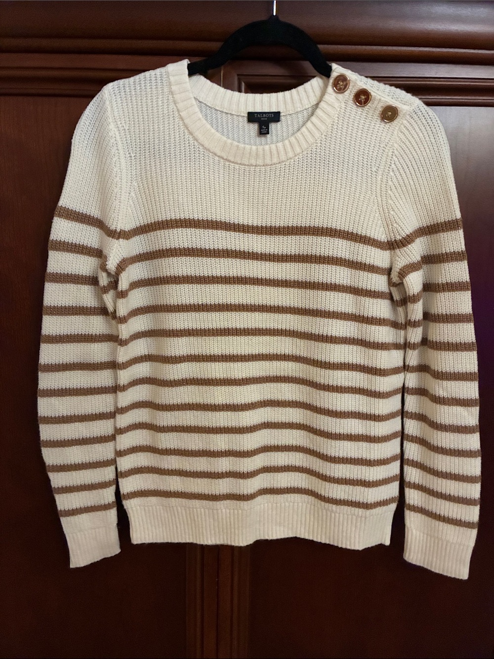 Talbots Cream & Brown Striped Crewneck Sweater with Shoulder Buttons